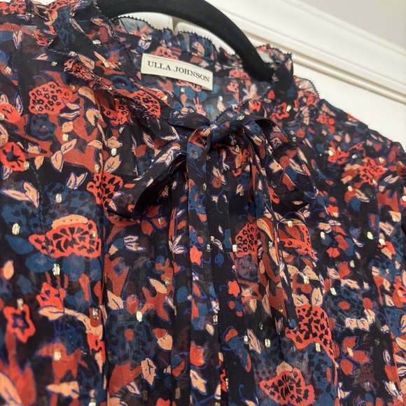 Ulla Johnson Silk Floral Long Sleeve Metallic Edith Blouse Size 2 Small Navy Top - Picture 7 of 16